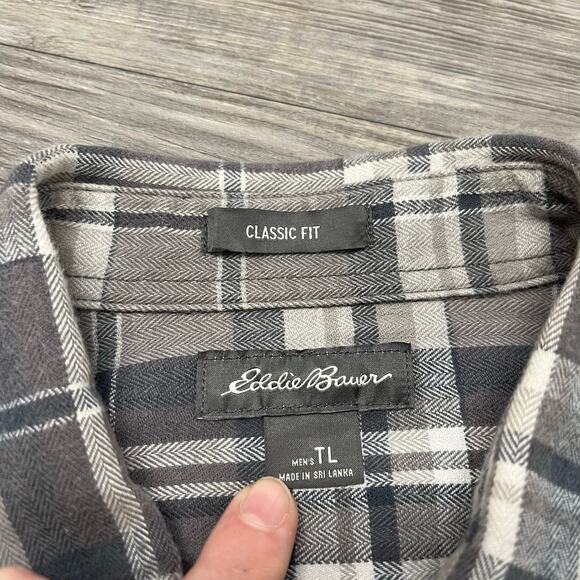 Eddie Bauer Grey Tartan Plaid Mens L Tall Classic Fit Button Down Flannel Shirt - Picture 5 of 8